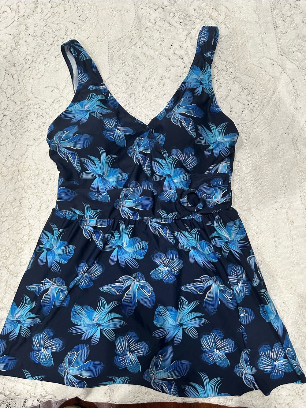 Seekers Essentials Navy Blue Floral Swimdress with Bright Blue Blooms size 14